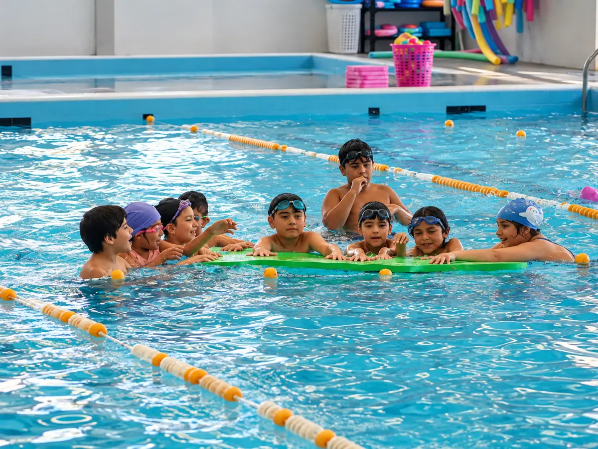 Alumnos sosteniendo juntos una tabla en la clase de natación